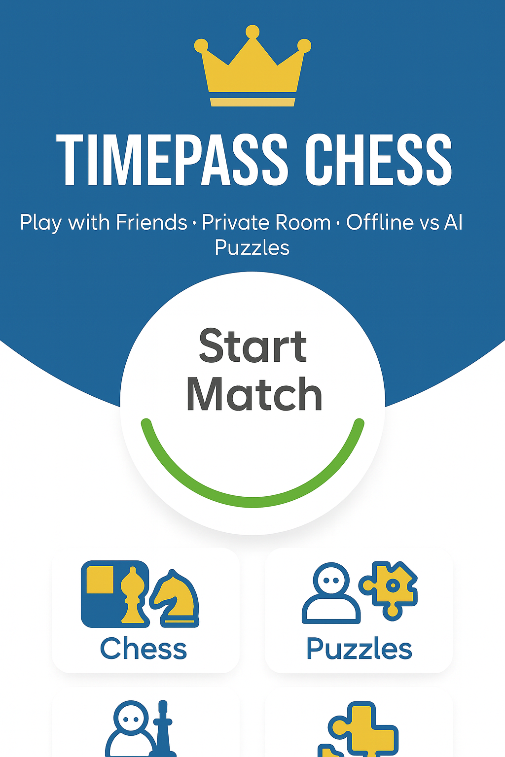 Timepass Chess app lobby - quick match & rooms